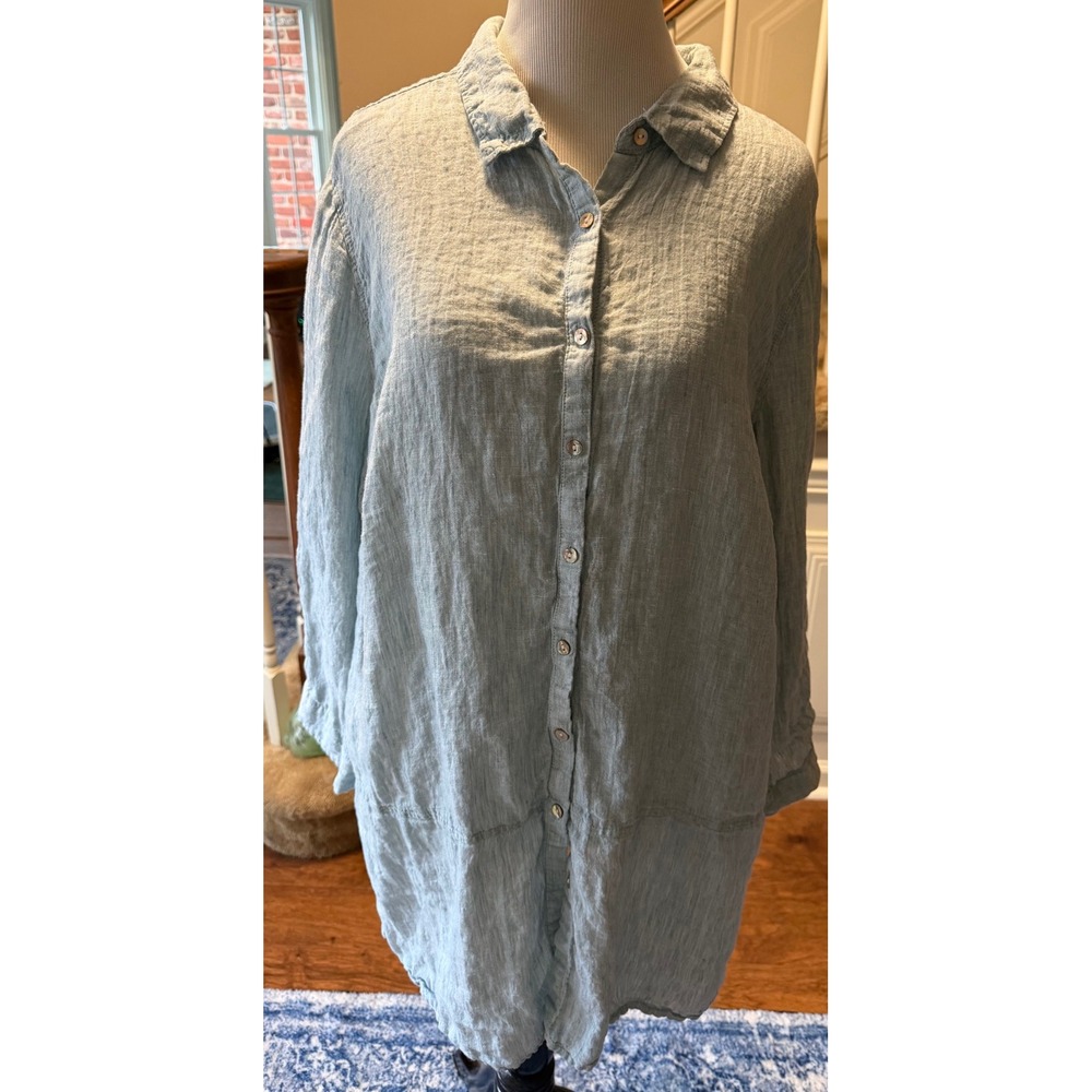 Tahari Womens 2X Linen Tunic Shirt Blue Long Sleeve Button Down Oversized Top